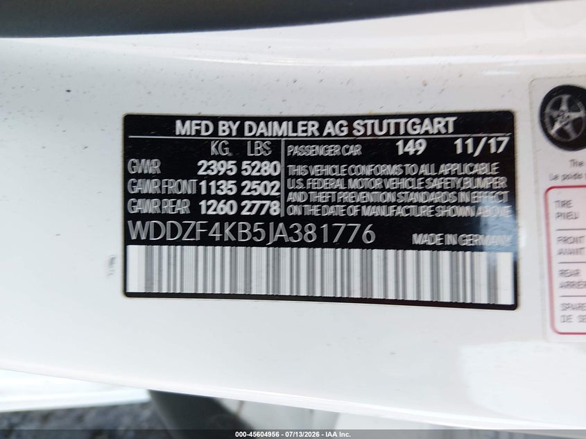 2018 Mercedes-benz E-klasse VIN WDDZF4KB5JA381776 IAAI salvage auction — LEFT FRONT, Salvage (Pennsylvania), sold $9,300 on 2026-07-31 (photo 9)