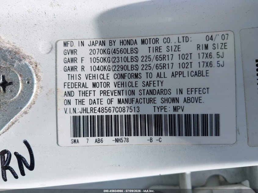 2007 Honda Cr-v VIN JHLRE48567C087513 IAAI salvage auction — NORMAL WEAR, Clear - Dealer Only (California), sold $1,075 on 2026-07-25 (photo 9)