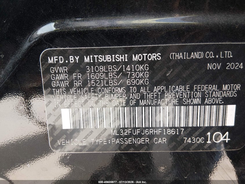 2024 Mitsubishi Mirage VIN ML32FUFJ6RHF18617 IAAI salvage auction — RIGHT FRONT, Enterprise Vehicles Clear Only (Georgia), sold $7,725 on 2026-07-20 (photo 9)