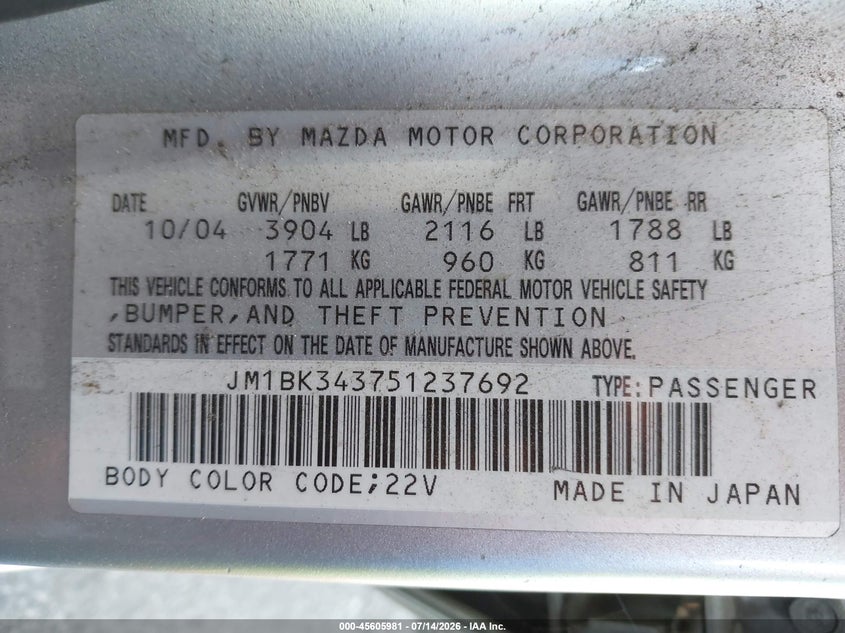 2005 Mazda 3 VIN JM1BK343751237692 IAAI salvage auction — LEFT SIDE, Salvage (California), sold $25 on 2026-07-21 (photo 9)