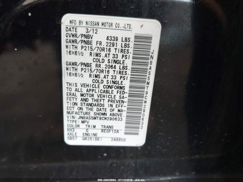 2012 Nissan Rogue sport VIN JN8AS5MT9CW290633 IAAI salvage auction — NORMAL WEAR, Clear (Arizona), sold $25 on 2026-07-28 (photo 9)