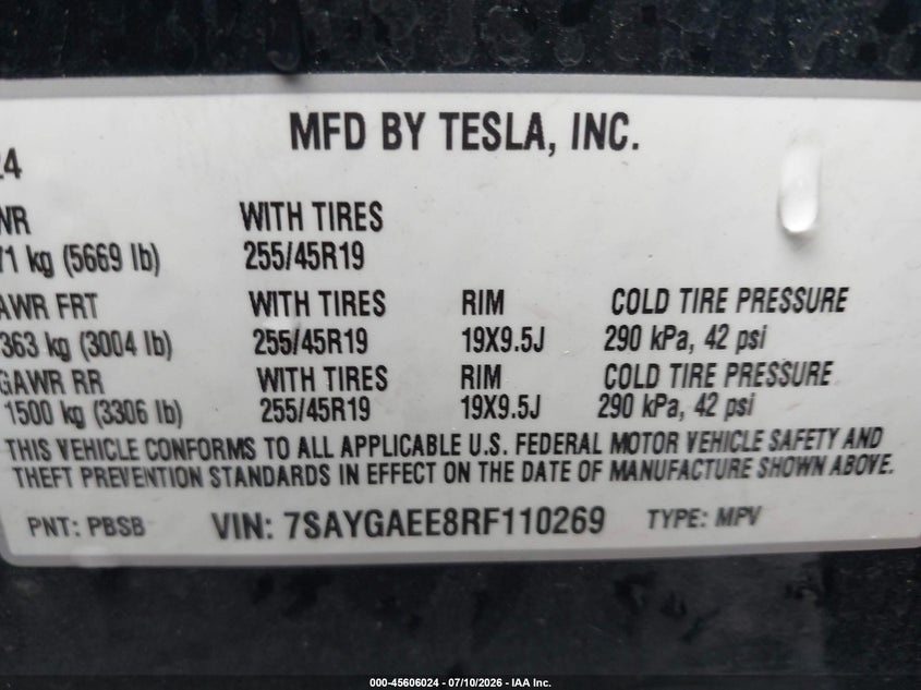 2024 Tesla Model y VIN 7SAYGAEE8RF110269 IAAI salvage auction — FRONT END, Salvage Title, sold $25 on 2026-07-30 (photo 9)