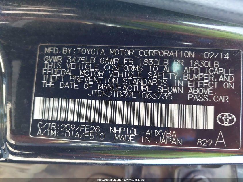 2014 Toyota Prius c VIN JTDKDTB39E1063735 IAAI salvage auction — LEFT SIDE, Salvage (California), sold $225 on 2026-07-28 (photo 9)