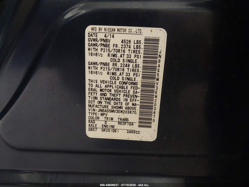 2014 Nissan Rogue VIN JN8AS5MV3EW203670 IAAI salvage auction — RIGHT FRONT, Salvage (Texas), sold $325 on 2026-07-29 (photo 9)