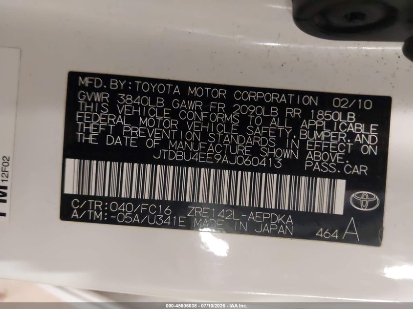 2010 Toyota Corolla VIN JTDBU4EE9AJ060413 IAAI salvage auction — NORMAL WEAR, Clear (Wisconsin), sold $800 on 2026-07-15 (photo 9)