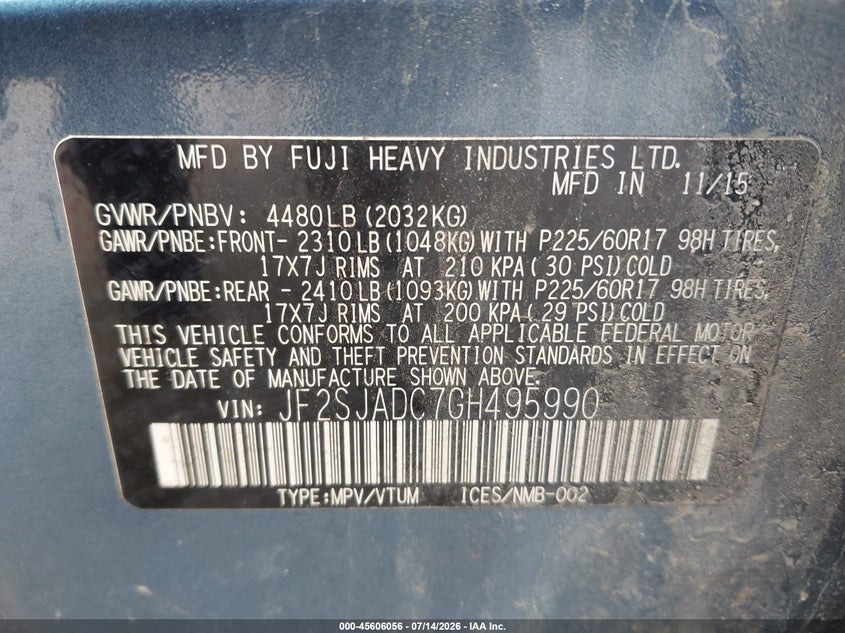 2016 Subaru Forester VIN JF2SJADC7GH495990 IAAI salvage auction — NORMAL WEAR, Clear (New York), sold $50 on 2026-07-28 (photo 9)