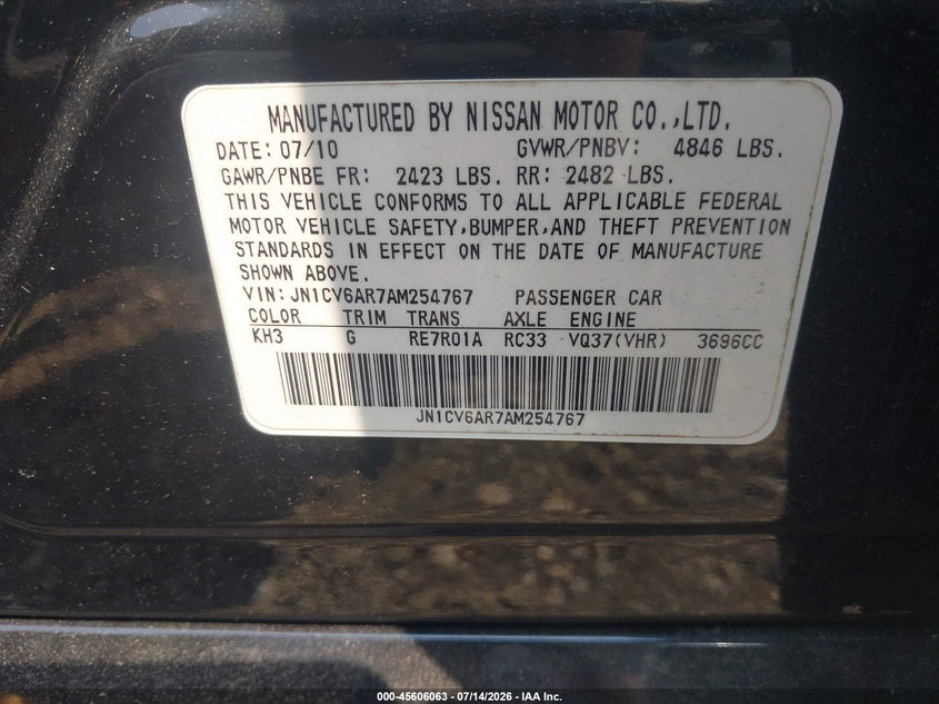 2010 Infiniti G VIN JN1CV6AR7AM254767 IAAI salvage auction — NORMAL WEAR, Clear, sold $925 on 2026-07-21 (photo 9)