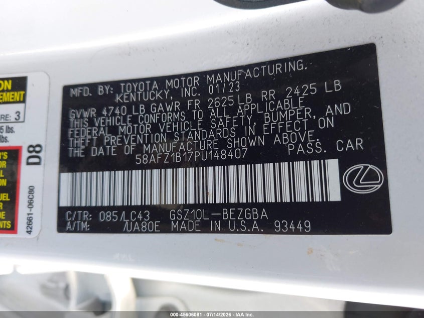 2023 Lexus ES VIN 58AFZ1B17PU148407 IAAI salvage auction — FRONT END, Wait Title, sold $29,900 on 2026-08-24 (photo 9)