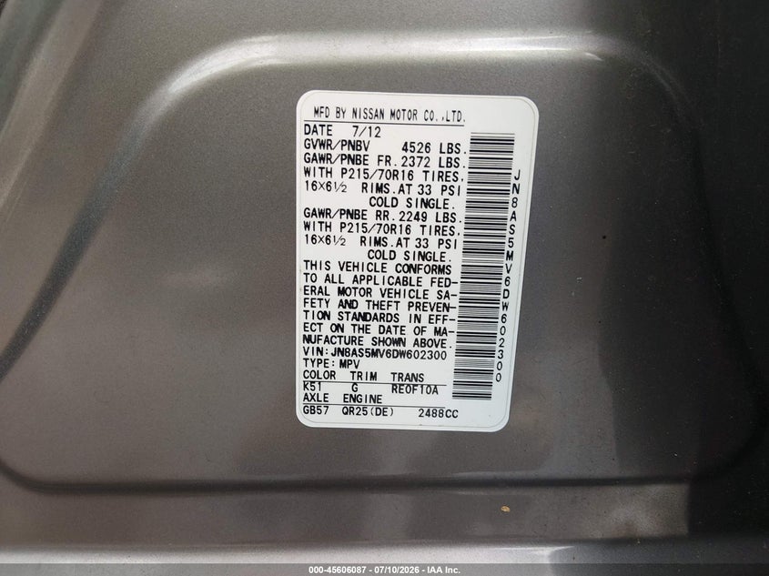 2013 Nissan Rogue sport VIN JN8AS5MV6DW602300 IAAI salvage auction — NORMAL WEAR, Clear (Virginia), sold $225 on 2026-07-29 (photo 9)