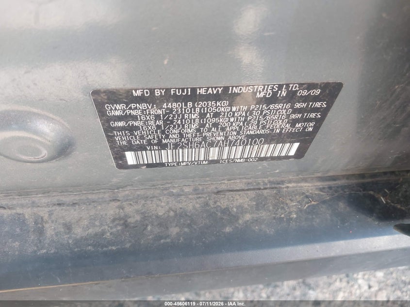 2010 Subaru Forester VIN JF2SH6AC7AH740100 IAAI salvage auction — NORMAL WEAR, Clear (Colorado), sold $25 on 2026-07-21 (photo 9)