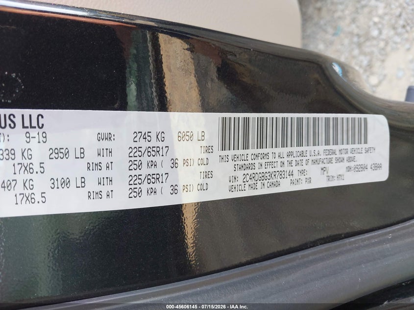 2019 Dodge Caravan VIN 2C4RDGBG3KR783144 IAAI salvage auction — UNKNOWN, Salvage Title, sold $2,550 on 2026-08-11 (photo 9)