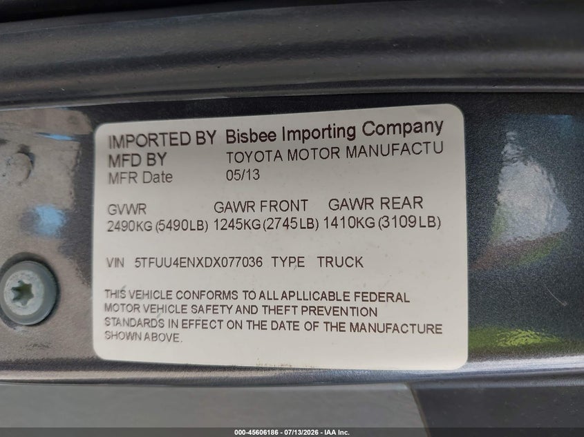 2013 Toyota Tacoma VIN 5TFUU4ENXDX077036 IAAI salvage auction — FRONT END, Salvage (Pennsylvania), sold $4,250 on 2026-07-28 (photo 9)