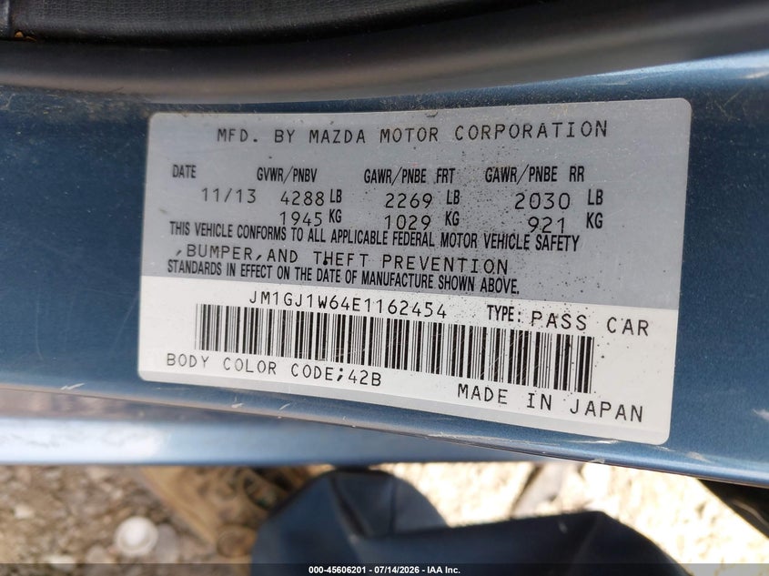 2014 Mazda 6 VIN JM1GJ1W64E1162454 IAAI salvage auction — FRONT END, Mv-907A (New York), sold $350 on 2026-07-28 (photo 9)