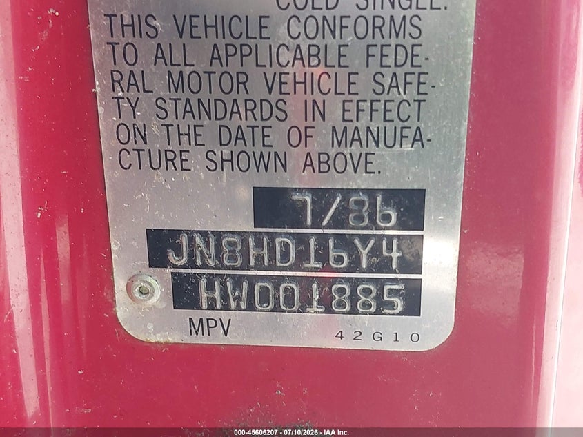 1987 Nissan Pathfinder VIN JN8HD16Y4HW001885 IAAI salvage auction — MECHANICAL, Clear (Florida), sold $325 on 2026-07-29 (photo 9)
