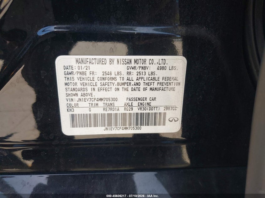 2021 Infiniti Q50 VIN JN1EV7CP4MM705300 IAAI salvage auction — FRONT END, Salvage (California), sold $7,600 on 2026-08-10 (photo 9)