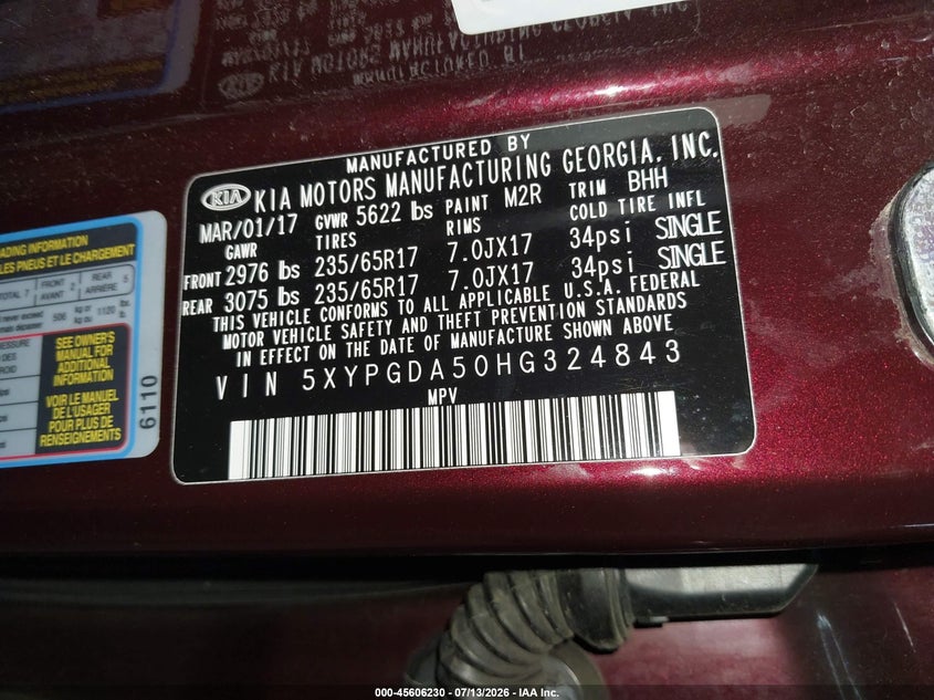 2017 Kia Sorento VIN 5XYPGDA50HG324843 IAAI salvage auction — FRONT END, Salvage (Pennsylvania), sold $1,800 on 2026-07-30 (photo 9)