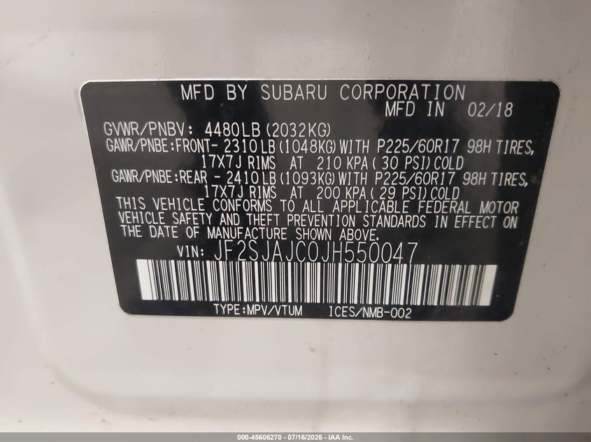 2018 Subaru Forester VIN JF2SJAJC0JH550047 IAAI salvage auction — ELECTRICAL, Mv-907A (New York), sold $1,900 on 2026-07-29 (photo 9)