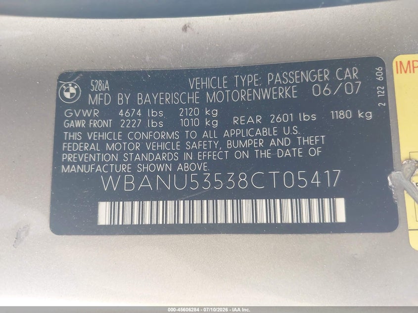 2008 BMW 5 series VIN WBANU53538CT05417 IAAI salvage auction — FRONT END, Salvage (California), sold $350 on 2026-07-29 (photo 9)