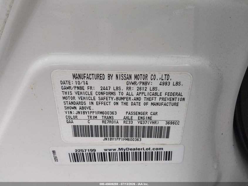 2015 Infiniti Q70 VIN JN1BY1PP1FM600363 IAAI salvage auction — REAR END, Salvage (Tennessee), sold $25 on 2026-07-29 (photo 9)