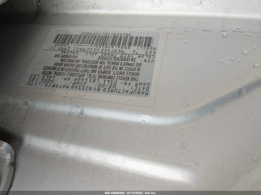 2020 Nissan Sentra VIN 3N1AB8CV6LY225802 IAAI salvage auction — FRONT END, Wait Title, sold $1,750 on 2026-08-31 (photo 9)