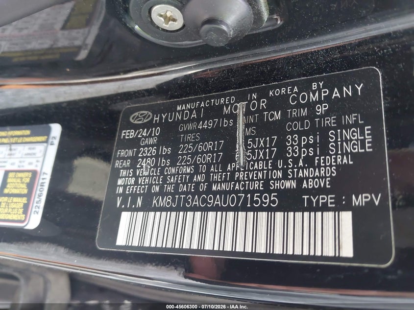 2010 Hyundai Tucson VIN KM8JT3AC9AU071595 IAAI salvage auction — NORMAL WEAR, Clear (Georgia), sold $800 on 2026-07-28 (photo 9)