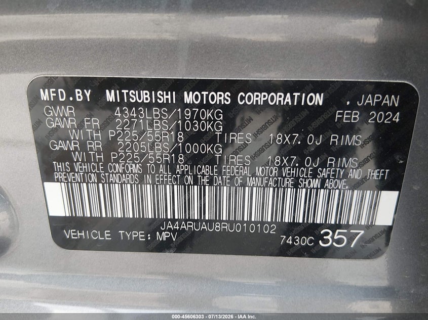 2024 Mitsubishi Outlander VIN JA4ARUAU8RU010102 IAAI salvage auction — UNDERCARRIAGE, Enterprise Vehicles Clear Only (Idaho), sold $11,800 on 2026-07-20 (photo 9)