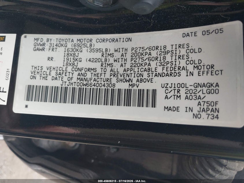 2006 Lexus Lx 470 VIN JTJHT00W664004308 IAAI salvage auction — NORMAL WEAR, Clear (Idaho), sold $3,050 on 2026-07-28 (photo 9)
