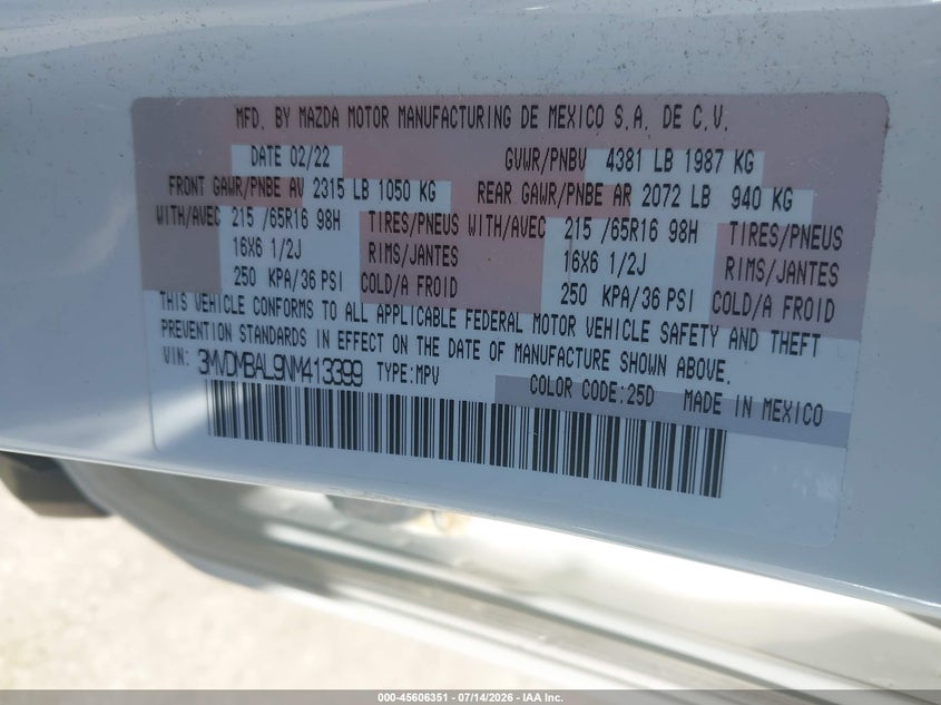 2022 Mazda Cx-30 VIN 3MVDMBAL9NM413399 IAAI salvage auction — RIGHT SIDE, Salvage Title, sold $7,450 on 2026-08-19 (photo 9)