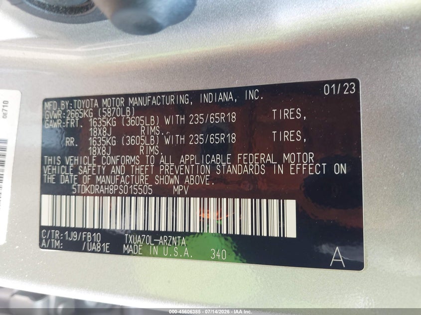 2023 Toyota Highlander VIN 5TDKDRAH8PS015505 IAAI salvage auction — FRONT END, Salvage - Greater Than 75% (Maryland), sold $8,600 on 2026-07-29 (photo 9)