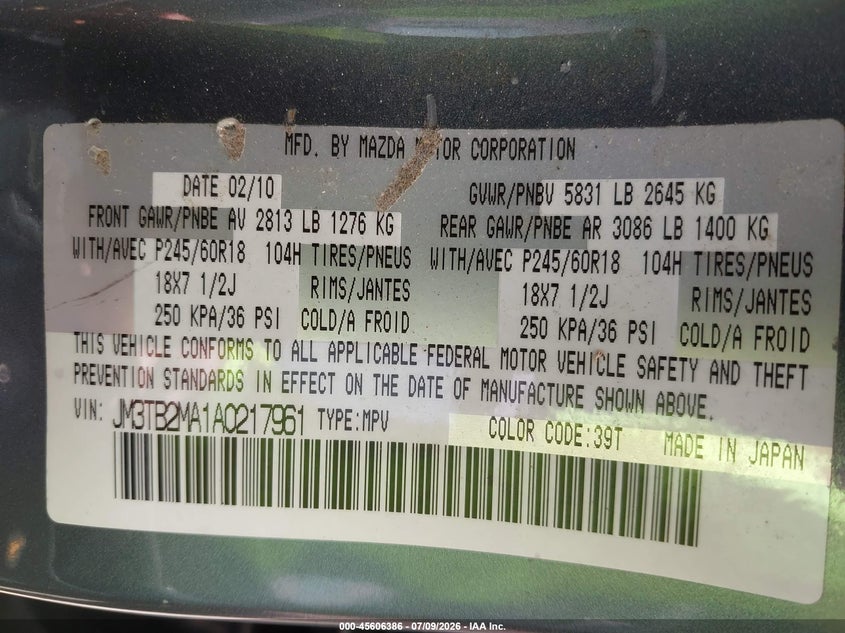 2010 Mazda Cx-9 VIN JM3TB2MA1A0217961 IAAI salvage auction — NORMAL WEAR, Bill Of Sale (Hawaii), sold $25 on 2026-07-28 (photo 9)