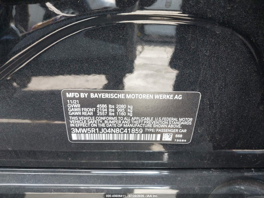 2022 BMW 3er VIN 3MW5R1J04N8C41859 IAAI salvage auction — RIGHT FRONT, Salvage Certificate (California), sold $6,700 on 2026-07-31 (photo 9)