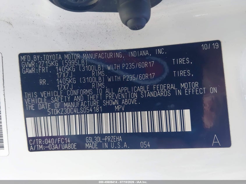 2020 Toyota Sienna VIN 5TDKZ3DC4LS054181 IAAI salvage auction — FRONT END, Salvage Title, sold $1,250 on 2026-07-21 (photo 9)