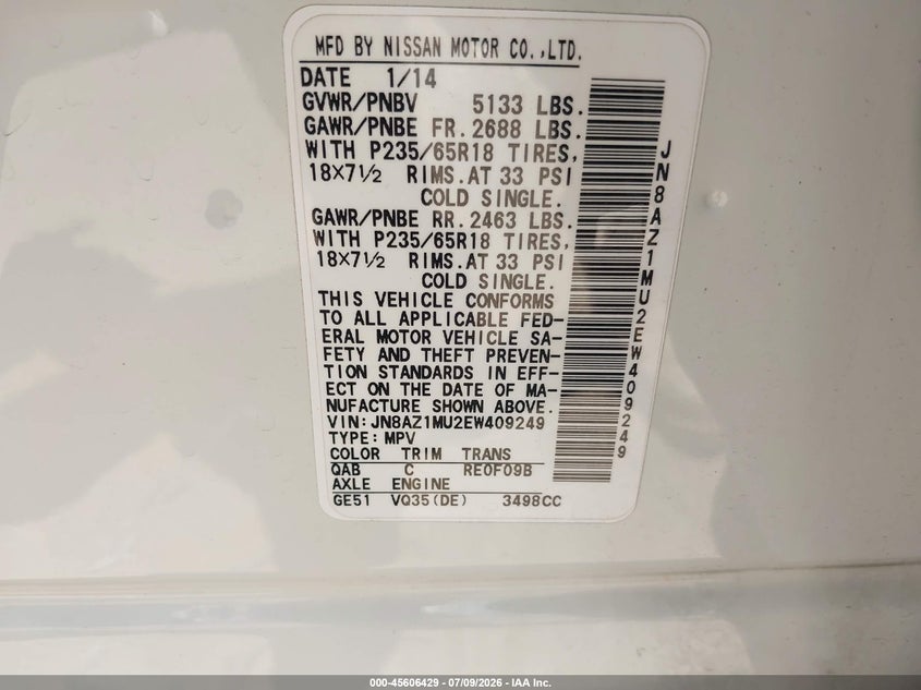 2014 Nissan Murano VIN JN8AZ1MU2EW409249 IAAI salvage auction — NORMAL WEAR, Clear - Dealer Only (California), sold $125 on 2026-07-22 (photo 9)