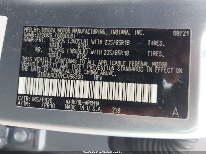 2021 Toyota Highlander VIN 5TDGBRCH7MS068300 IAAI salvage auction — REAR END, Salvage Title, sold $19,000 on 2026-07-22 (photo 9)