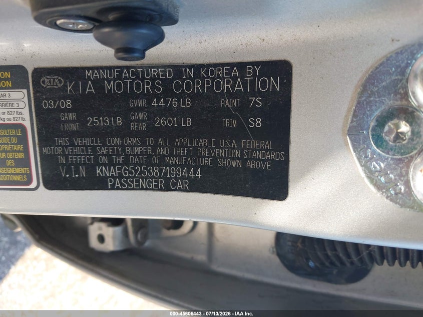 2008 Kia Rondo VIN KNAFG525387199444 IAAI salvage auction — RIGHT FRONT, Salvage - Greater Than 75% (Maryland), sold $575 on 2026-07-30 (photo 9)