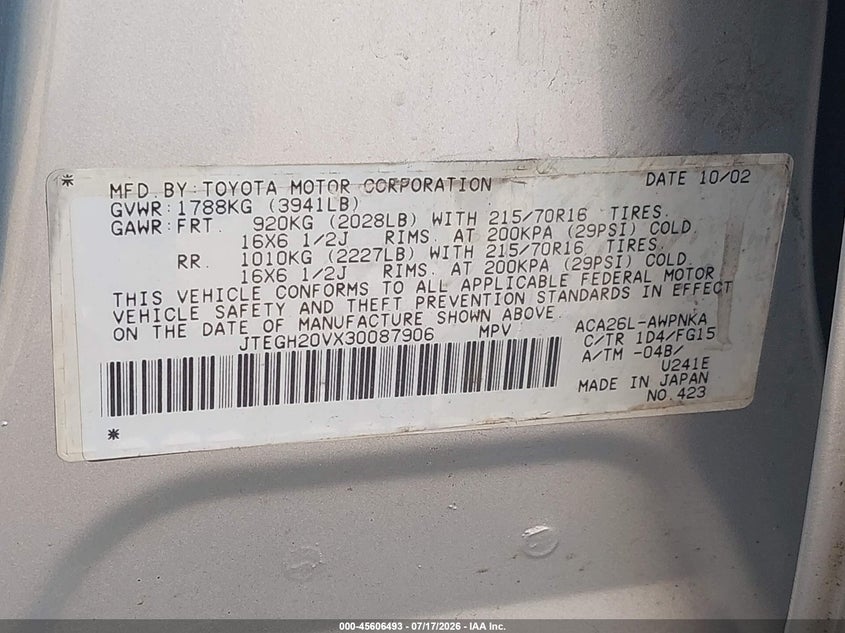 2003 Toyota Rav4 VIN JTEGH20VX30087906 IAAI salvage auction — REAR END, Clear (New Jersey), sold $475 on 2026-07-29 (photo 9)