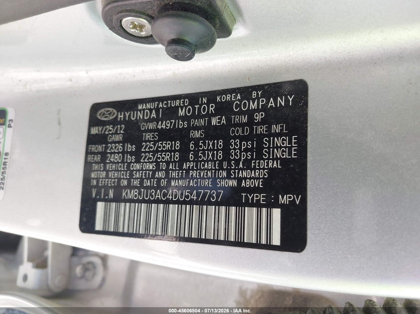 2013 Hyundai Tucson VIN KM8JU3AC4DU547737 IAAI salvage auction — NORMAL WEAR, Clear (Missouri), sold $1,600 on 2026-07-20 (photo 9)