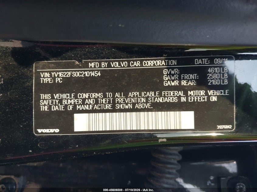 2012 Volvo S60 VIN YV1622FS0C2101454 IAAI salvage auction — FRONT END, Clear (Maryland), sold $400 on 2026-07-30 (photo 9)