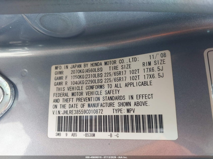 2009 Honda Cr-v VIN JHLRE38559C010872 IAAI salvage auction — FRONT END, Salvage (California), sold $1,850 on 2026-07-29 (photo 9)