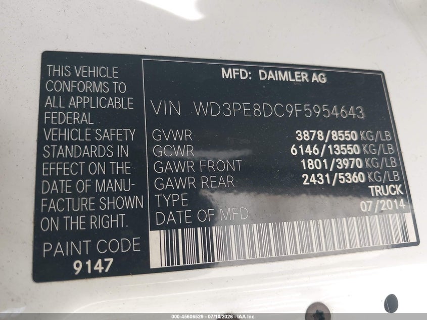 2015 Mercedes-benz Sprinter VIN WD3PE8DC9F5954643 IAAI salvage auction — LEFT SIDE, Salvage (Missouri), sold $1,050 on 2026-07-28 (photo 9)