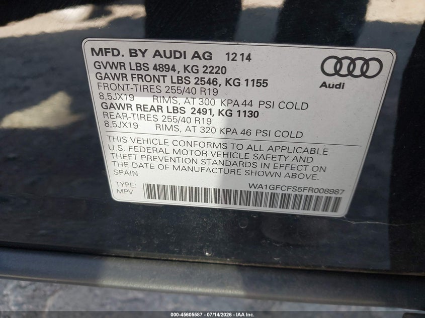 2015 Audi Q3 VIN WA1GFCFS5FR008987 IAAI salvage auction — THEFT, Salvage Title, sold $3,000 on 2026-08-01 (photo 9)