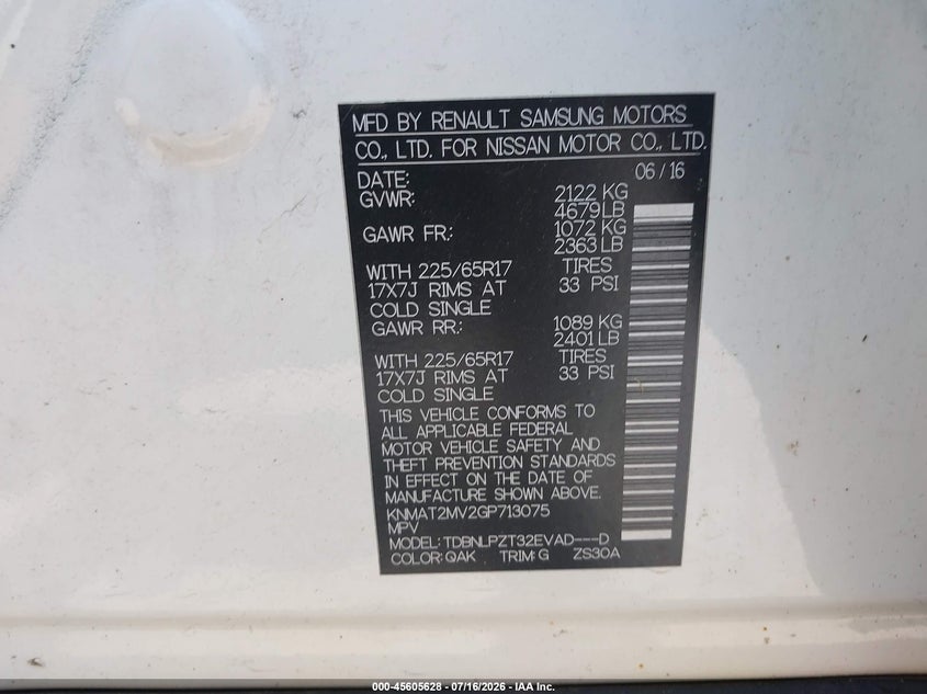 2016 Nissan Rogue VIN KNMAT2MV2GP713075 IAAI salvage auction — NORMAL WEAR, Clear (New York), sold $25 on 2026-07-28 (photo 9)