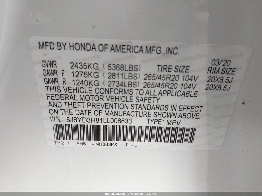 2020 Acura Mdx VIN 5J8YD3H81LL008633 IAAI salvage auction — FRONT END, Original (Texas), sold $7,350 on 2026-09-01 (photo 9)