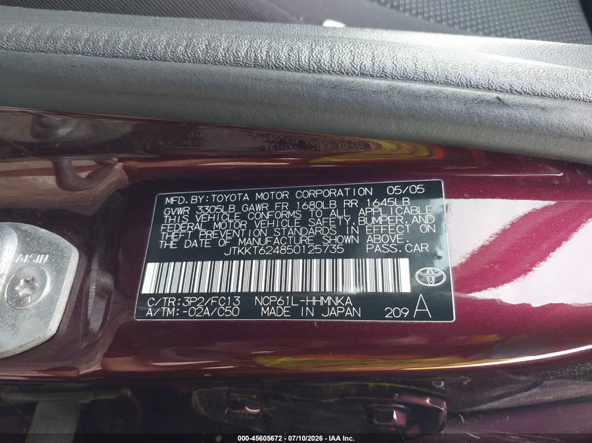 2005 Scion Xa VIN JTKKT624850125735 IAAI salvage auction — NORMAL WEAR, Clear (Pennsylvania), sold $1,250 on 2026-07-17 (photo 9)