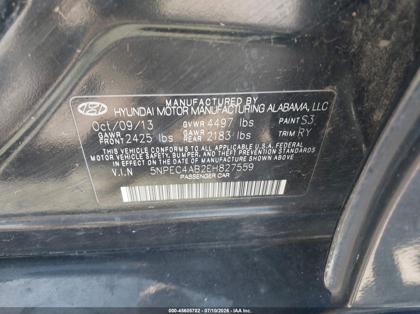2014 Hyundai Sonata VIN 5NPEC4AB2EH827559 IAAI salvage auction — NORMAL WEAR, Original (Texas), sold $550 on 2026-07-29 (photo 9)