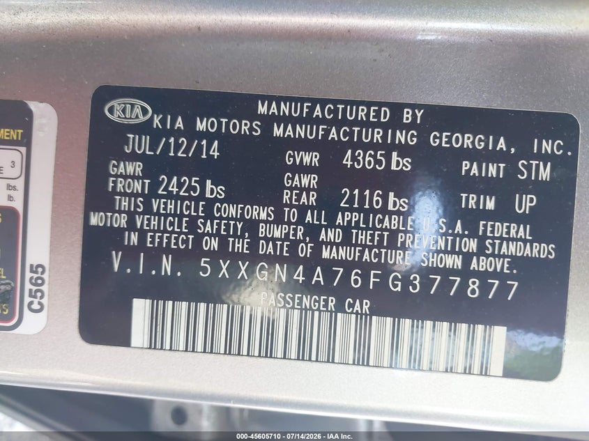 2015 Kia Optima VIN 5XXGN4A76FG377877 IAAI salvage auction — NORMAL WEAR, Clear (Tennessee), sold $1,050 on 2026-07-30 (photo 9)