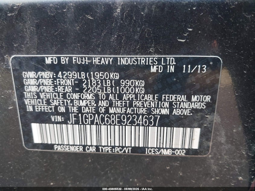 2014 Subaru Impreza VIN JF1GPAC68E9234637 IAAI salvage auction — NORMAL WEAR, Clear (New York), sold $400 on 2026-07-30 (photo 9)