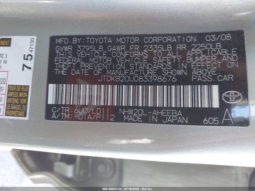 2008 Toyota Prius VIN JTDKB20U083398676 IAAI salvage auction — FRONT END, Salvage (California), sold $750 on 2026-07-30 (photo 9)