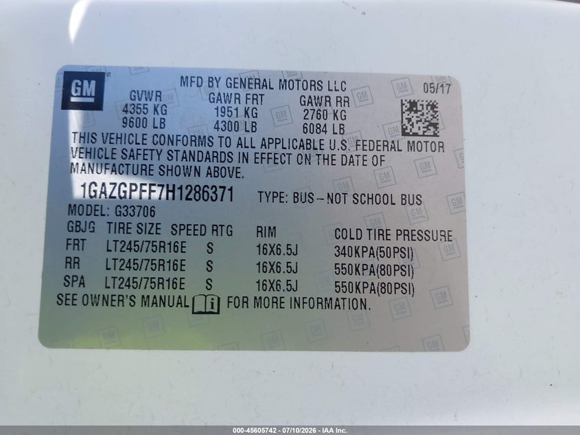 2017 Chevrolet Express 3500 VIN 1GAZGPFF7H1286371 IAAI salvage auction — NORMAL WEAR, Sf97 (Washington), sold $17,000 on 2026-07-29 (photo 9)