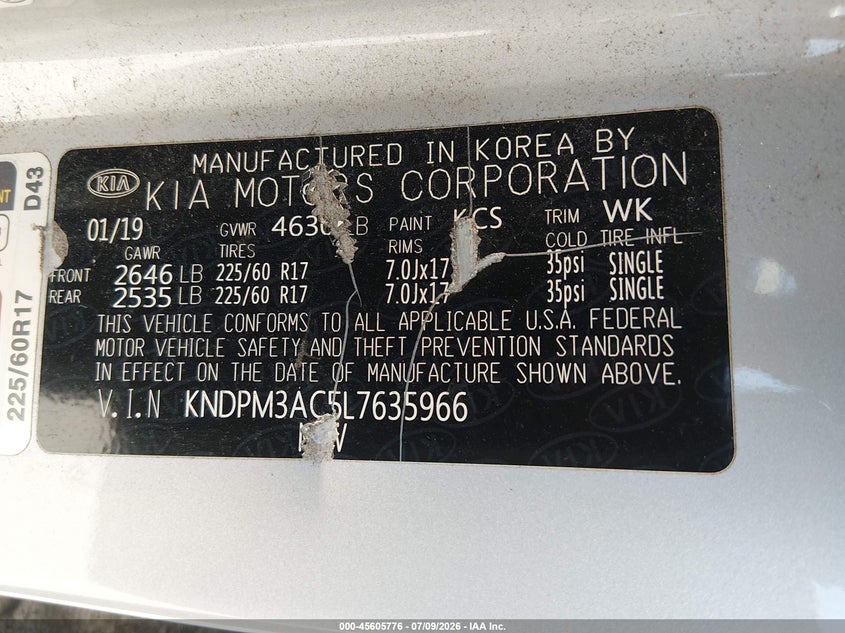2020 Kia Sportage VIN KNDPM3AC5L7635966 IAAI salvage auction — NORMAL WEAR, Original (Texas), sold $2,150 on 2026-07-28 (photo 9)